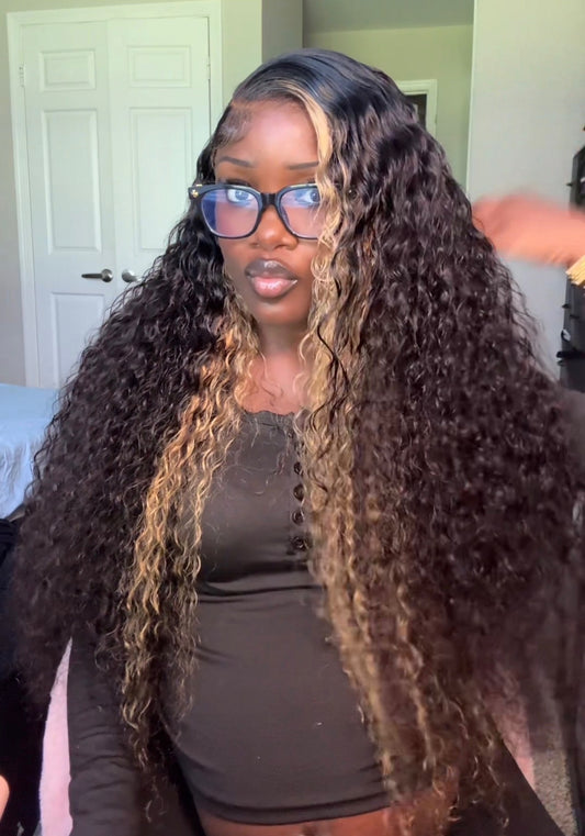 7x5 closure side part 30” blonde highlight 180% deep curly wig